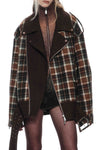 OUDE WAAG 25 Early Autumn Oversized Plaid Motorcycle Jacket Short Coat OW-OW-25PF-JK03W1BR045-ZLGW Brown Green Plaid